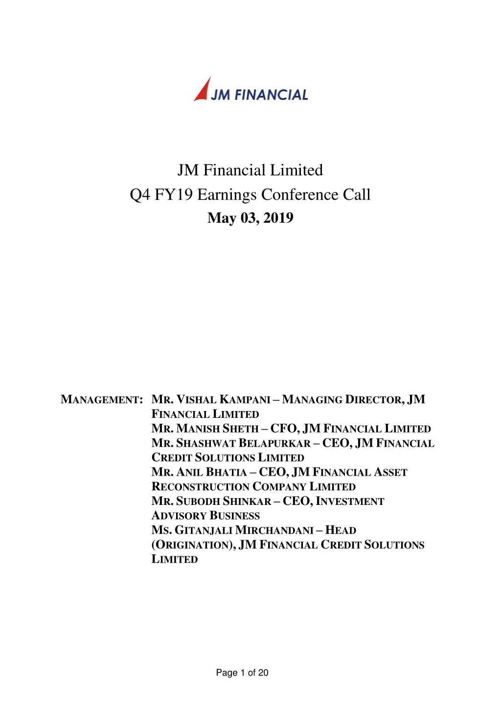 jm financial limited q4 fy19 earnings conference