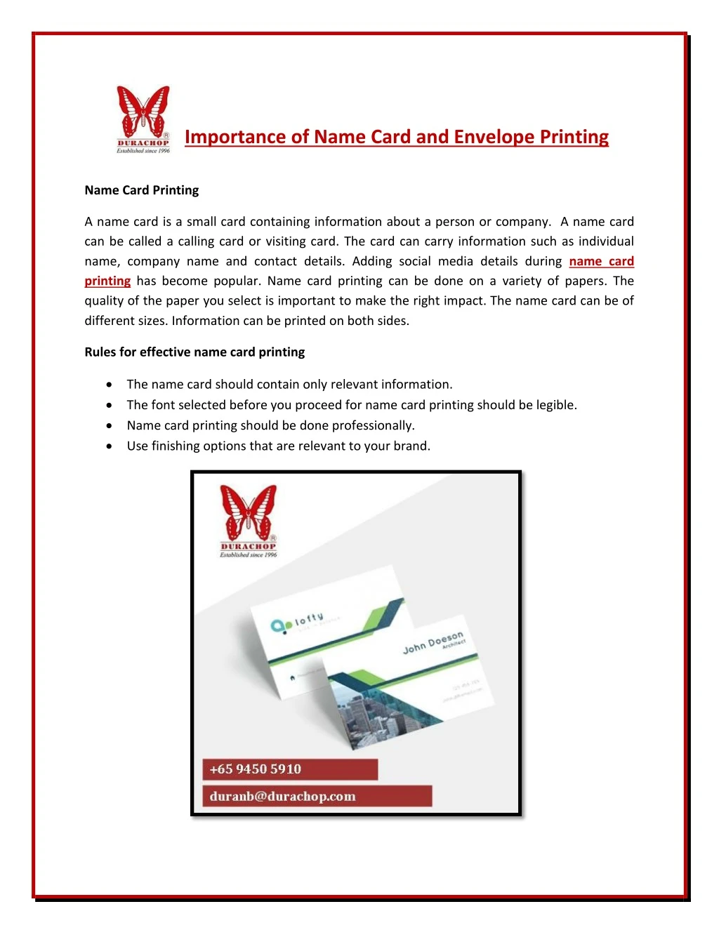 importance of name card and envelope printing