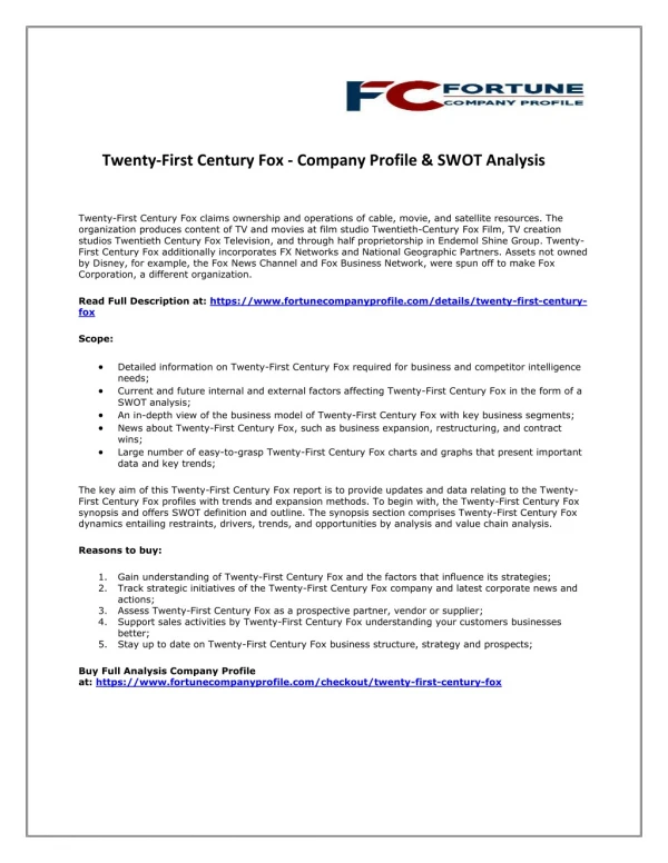 Twenty-First Century Fox - Company Profile & SWOT Analysis