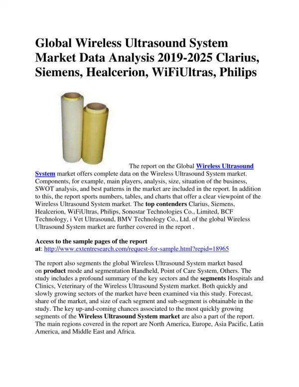 Global Wireless Ultrasound System Market Data Analysis 2019-2025 Clarius, Siemens, Healcerion, WiFiUltras, Philips