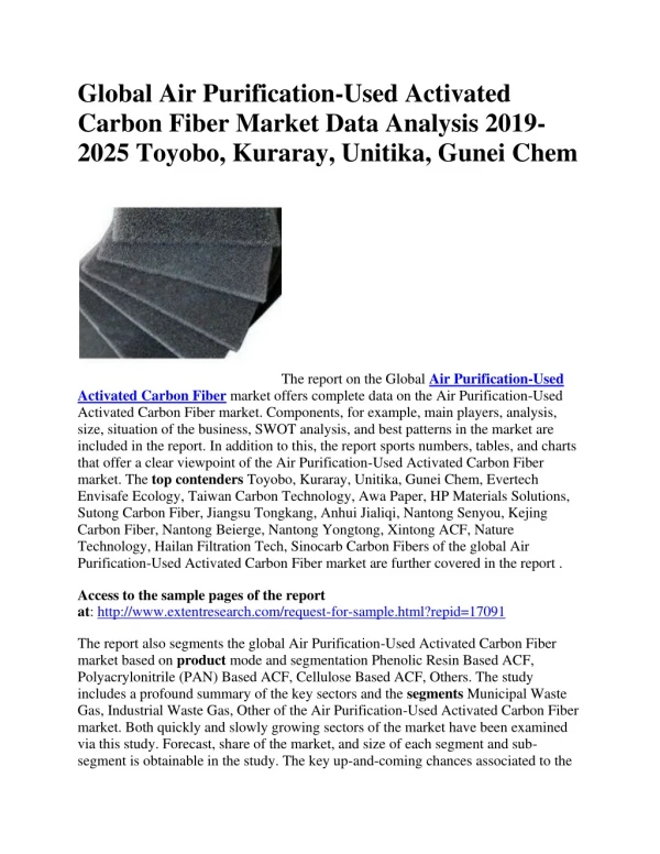 Global Air Purification-Used Activated Carbon Fiber Market Data Analysis 2019-2025 Toyobo, Kuraray, Unitika, Gunei Chem