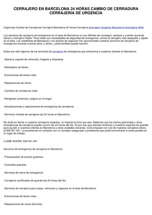 CERRAJERO EN BARCELONA 24 HORAS CAMBIO DE CERRADURA CERRAJERIA DE URGENCIA