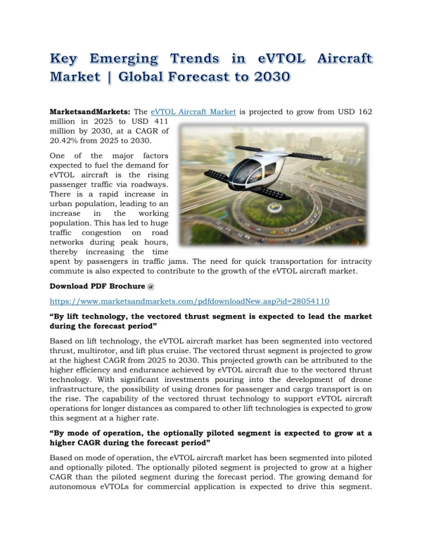 Key Emerging Trends in eVTOL Aircraft Market | Global Forecast to 2030