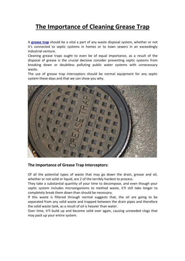 The Importance of Cleaning Grease Trap