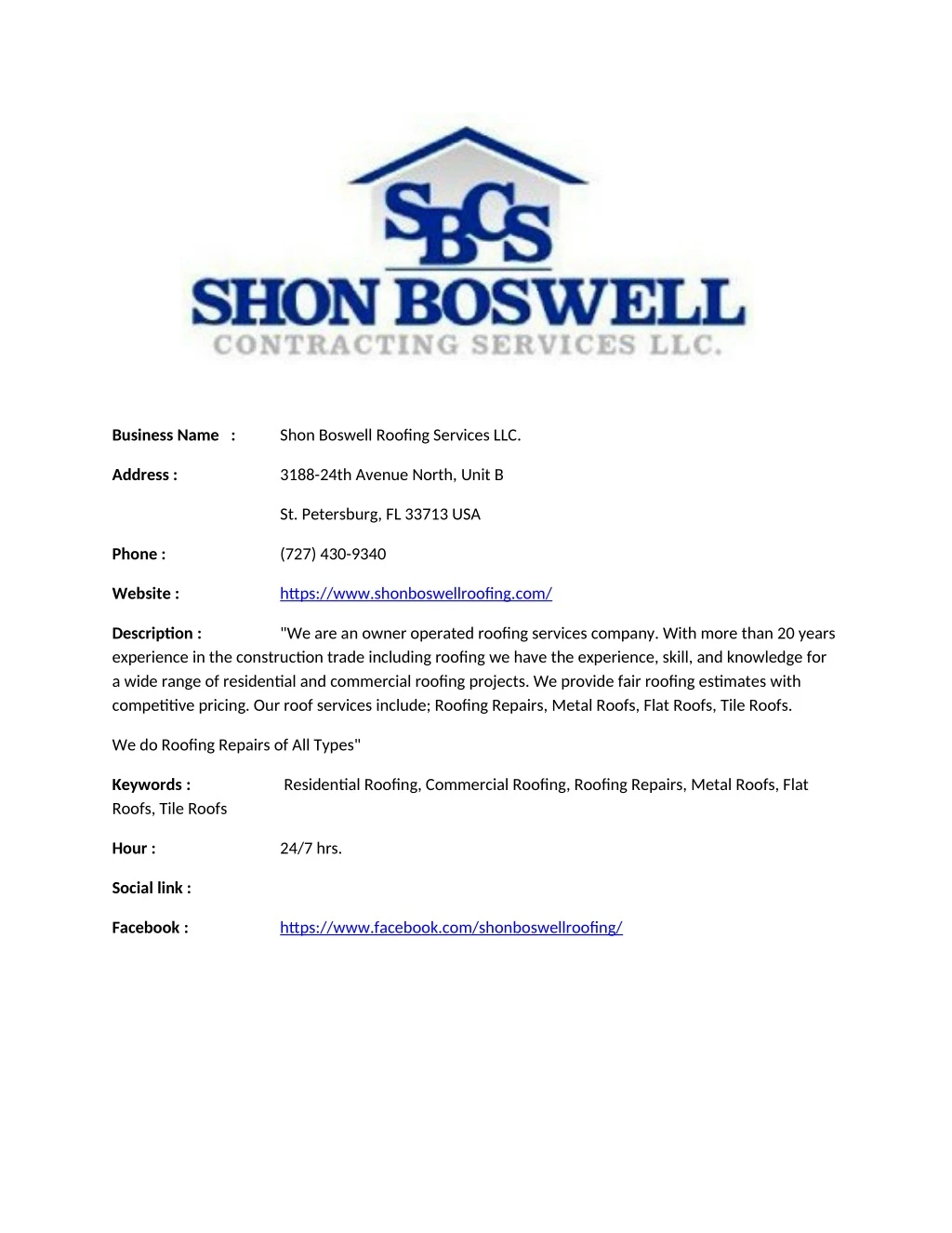 business name shon boswell roofnn services llc