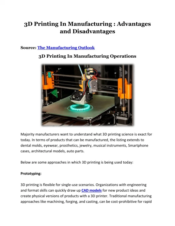 3D Printing In Manufacturing Industry