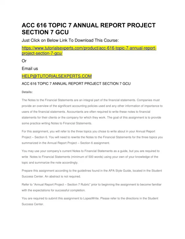 ACC 616 TOPIC 7 ANNUAL REPORT PROJECT SECTION 7 GCU