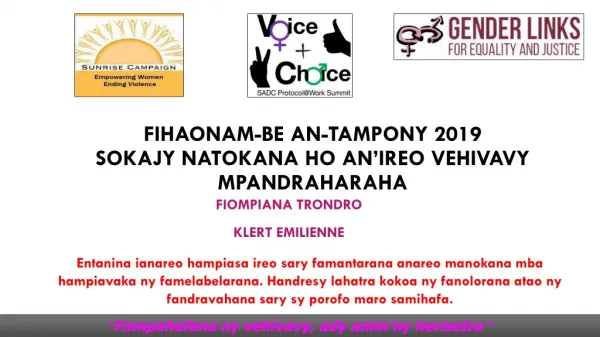 fihaonam be an tampony 2019 sokajy natokana ho an ireo vehivavy mpandraharaha
