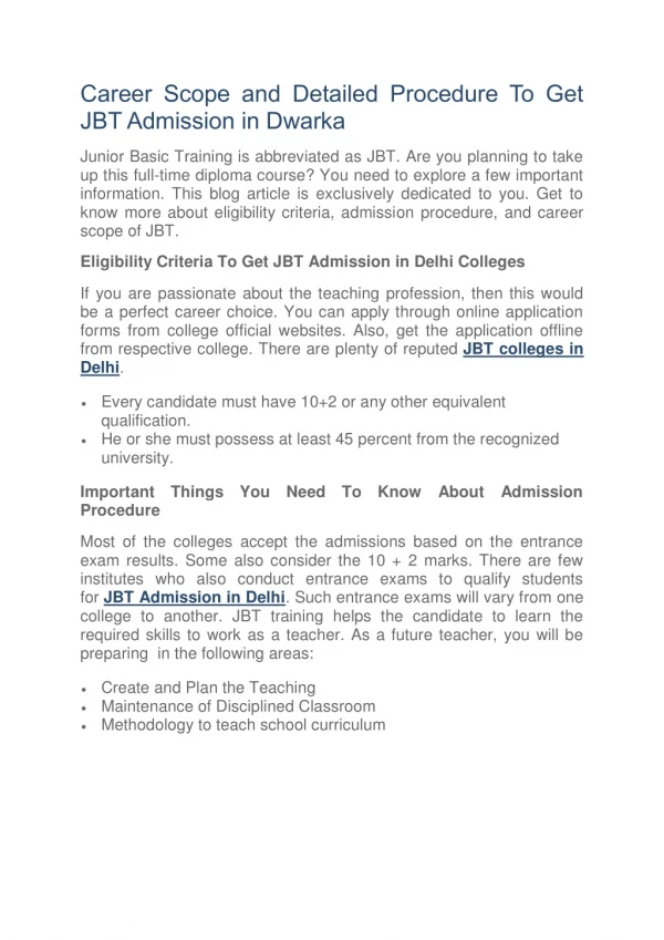 Career Scope and Detailed Procedure To Get JBT Admission in Dwarka.