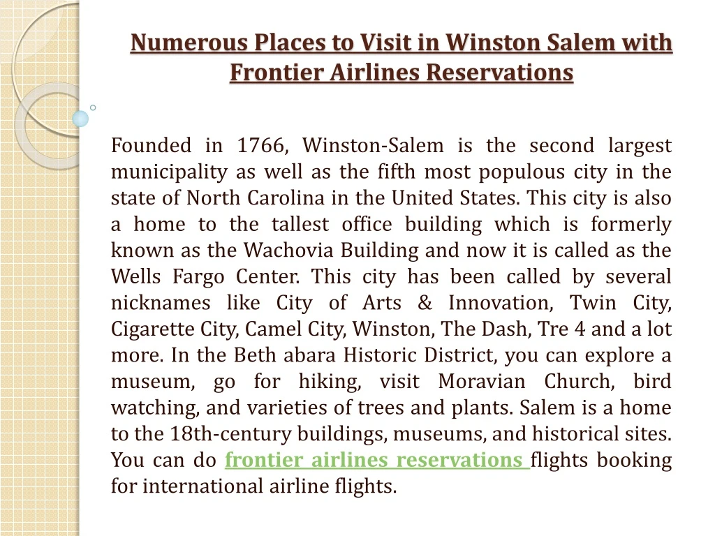 numerous places to visit in winston salem with frontier airlines reservations