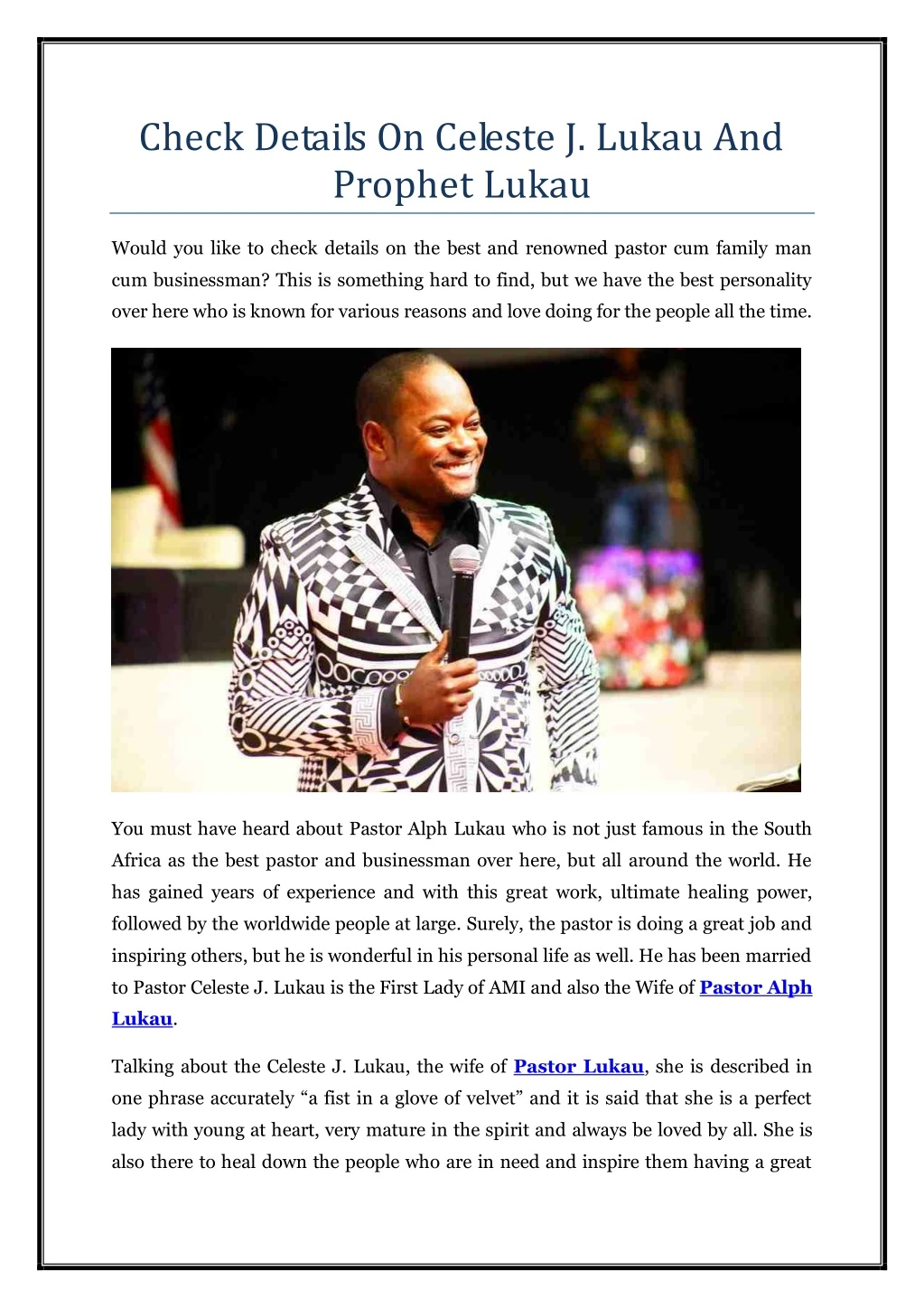 check details on celeste j lukau and prophet lukau