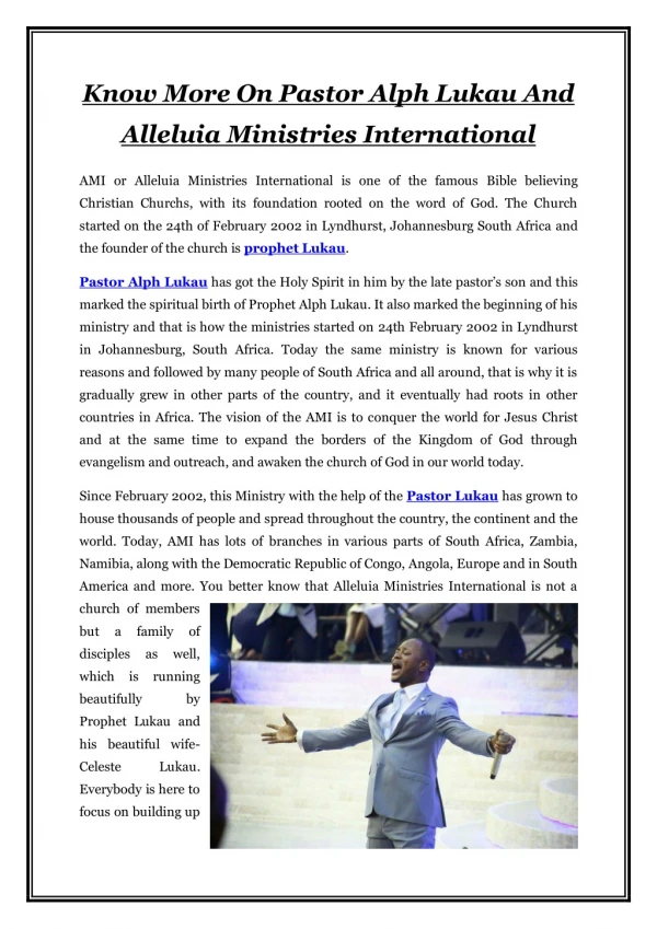 Know More On Pastor Alph Lukau And Alleluia Ministries International