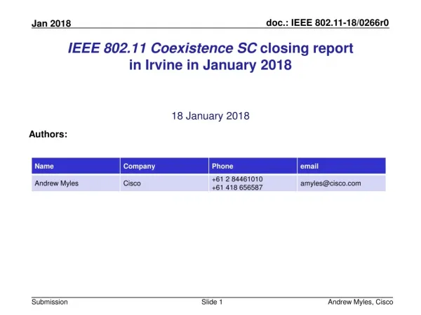 IEEE 802.11 Coexistence SC closing report in Irvine in January 2018