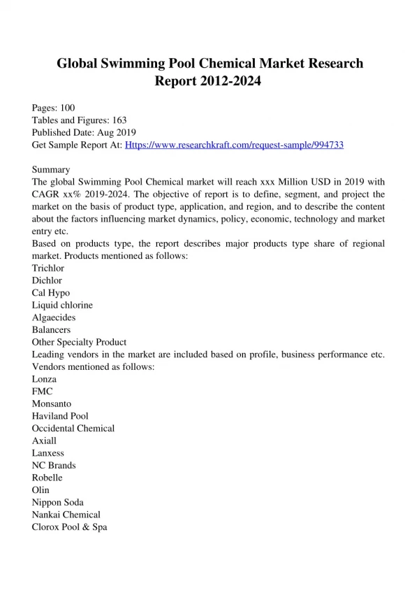 Swimming Pool Chemical Market Growth by Global Key Players: Lonza, FMC, Monsanto
