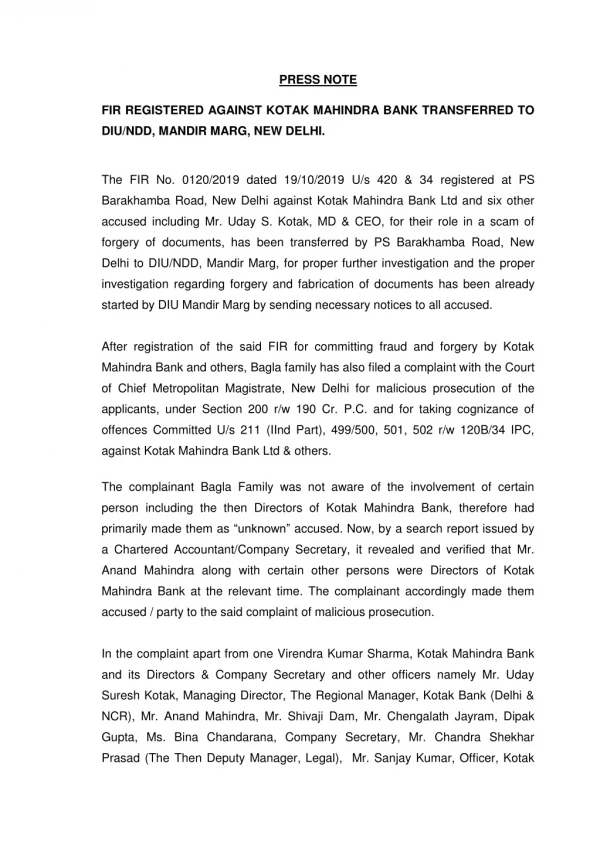 FIR REGISTERED AGAINST KOTAK MAHINDRA BANK TRANSFERRED TO DIU/NDD, MANDIR MARG, NEW DELHI.