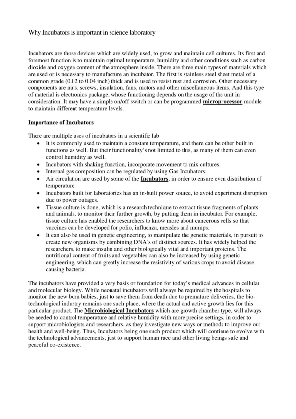 why incubators is important in science laboratory