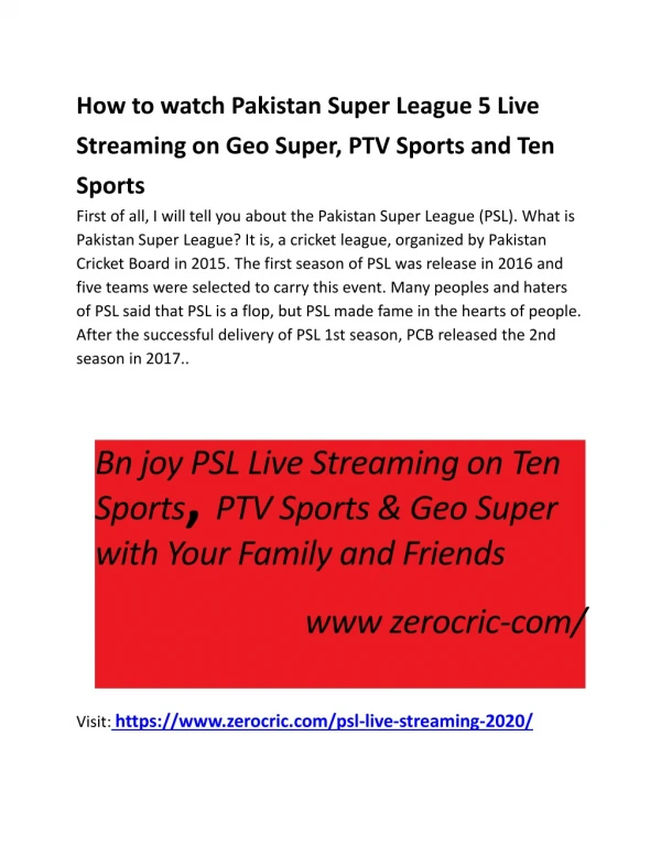 PSL 5 Live Streaming free on PTV Sports, Geo Super and Ten Sports