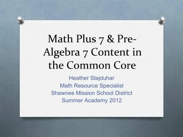 Math Plus 7 Pre-Algebra 7 Content in the Common Core