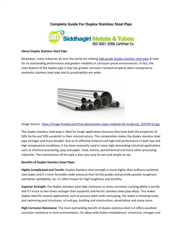 Complete Guide For Duplex Stainless Steel Pipe