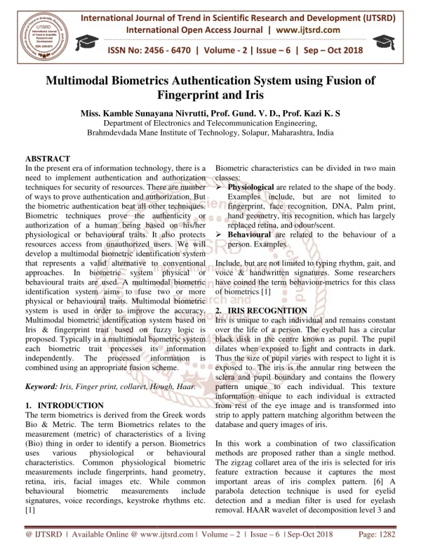 Multimodal Biometrics Authentication System using Fusion of Fingerprint and Iris