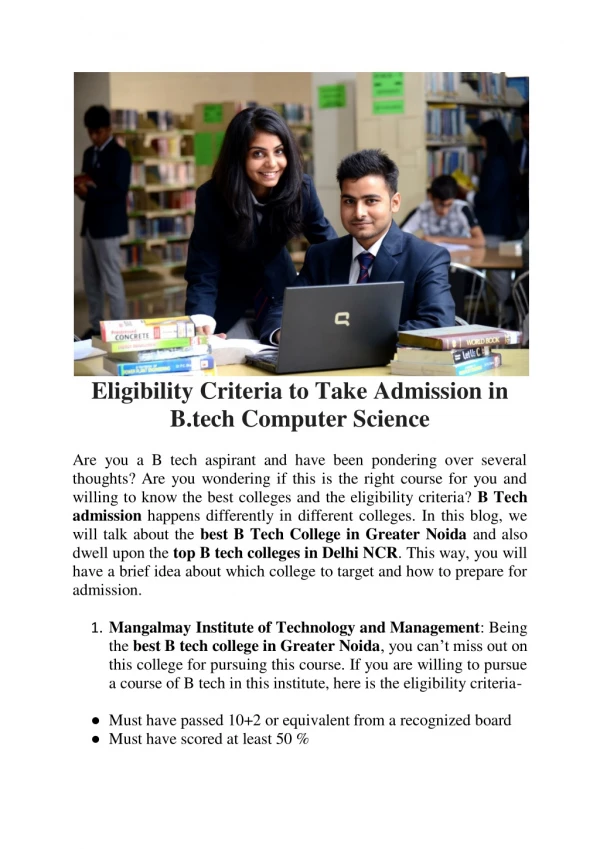 Eligibility Criteria to Take Admission in B.tech Computer Science