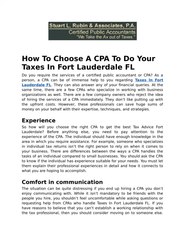 How To Choose A CPA To Do Your Taxes In Fort Lauderdale FL