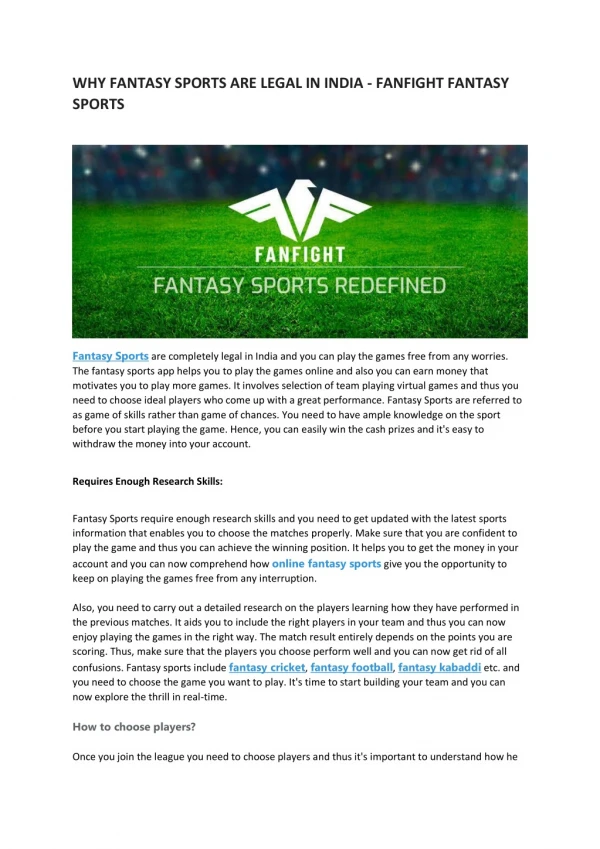 Why Fantasy Sports are Legal in India - FanFight Fantasy Sports