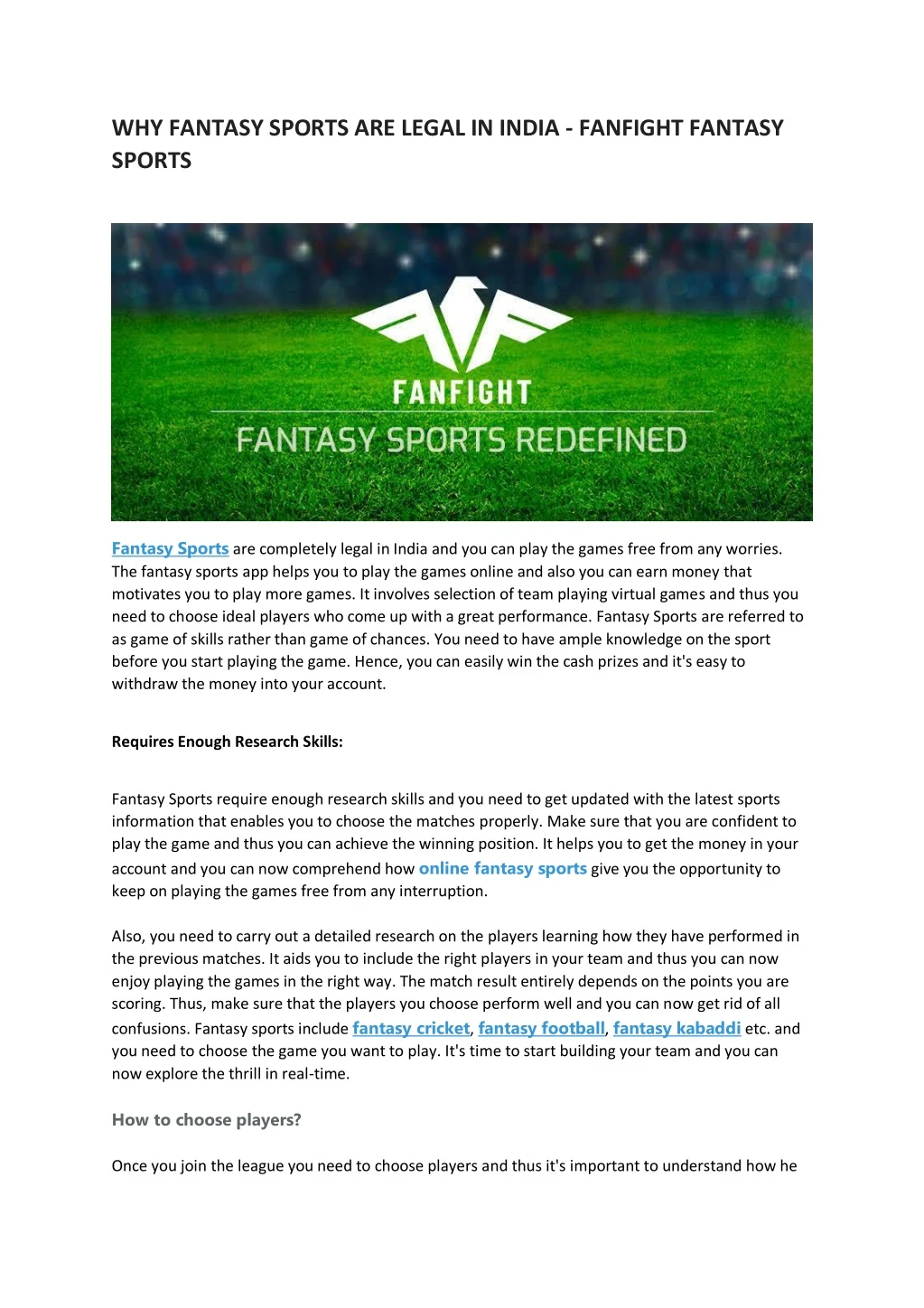 why fantasy sports are legal in india fanfight