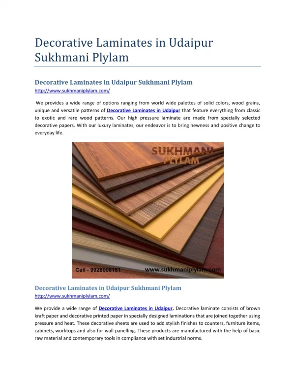 decorative laminates in udaipur sukhmani plylam
