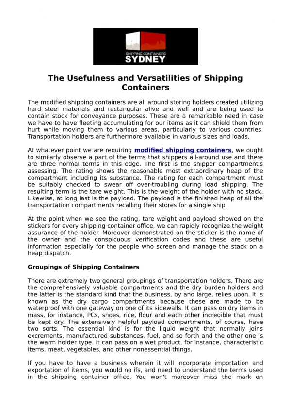 The Usefulness and Versatilities of Shipping Containers