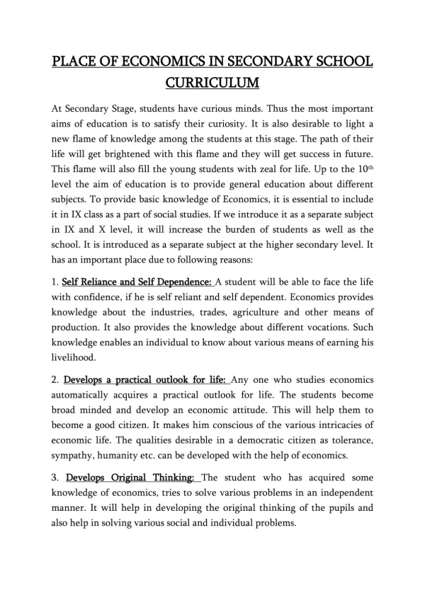 place of economics in secondary school place