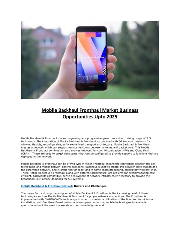 Mobile Backhaul Fronthaul Market 2017 – 2025 : Comprehensive Study Explores Huge Growth in Future