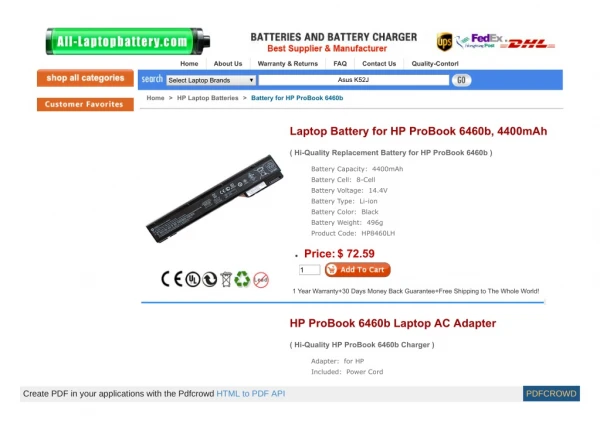 Laptop Battery for HP ProBook 6460b, 4400mAh