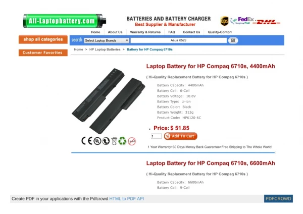 Laptop Battery for HP Compaq 6710s, 6600mAh