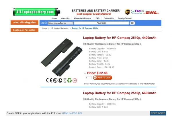 Laptop Battery for HP Compaq 2510p, 4400mAh