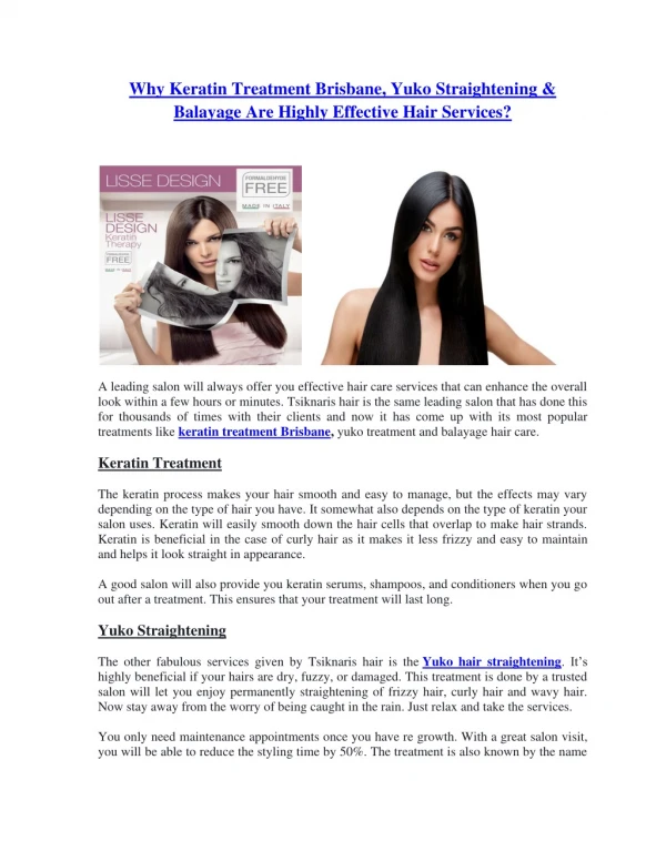 Why Keratin Treatment Brisbane, Yuko Straightening & Balayage Are Highly Effective Hair Services?