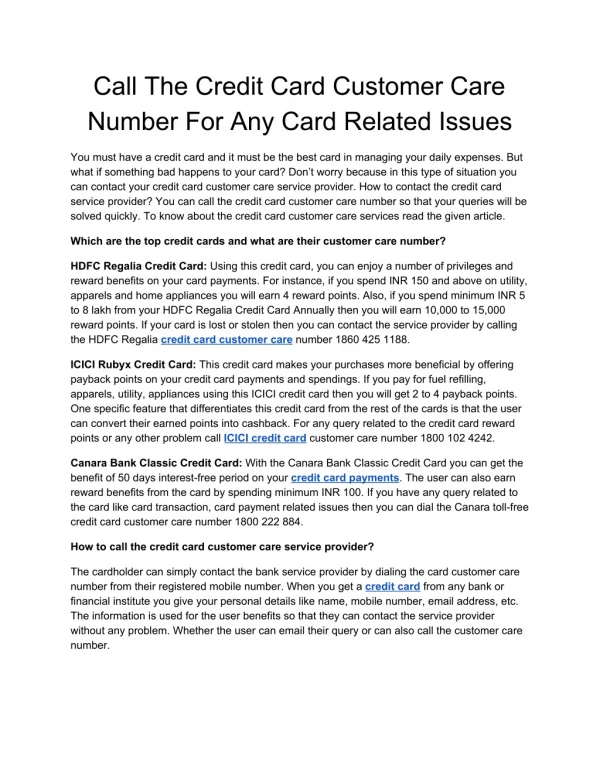 Call The Credit Card Customer Care Number For Any Card Related Issues