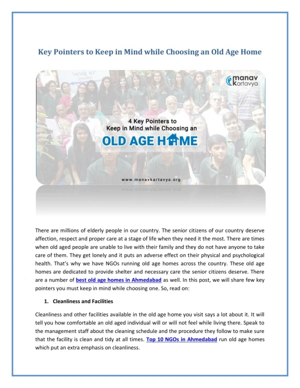 Factors to consider while choosing an Old Age Home