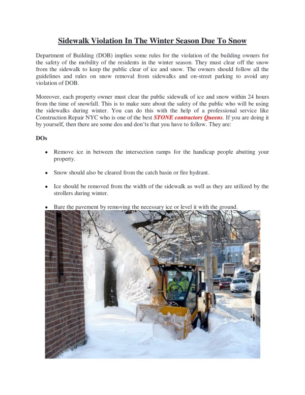 Sidewalk Violation In The Winter Season Due To Snow