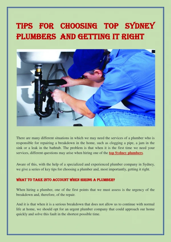 Tips For Choosing Top Sydney Plumbers And Getting It Right