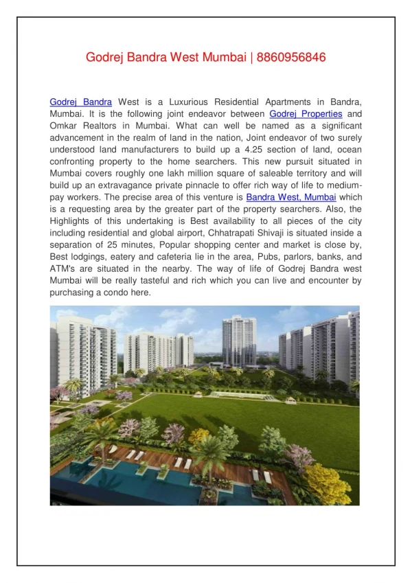 Godrej Bandra West Mumbai | 8860956846