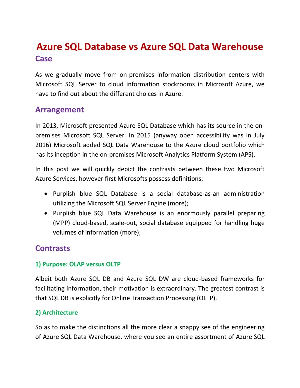 azure sql database vs azure sql data warehouse