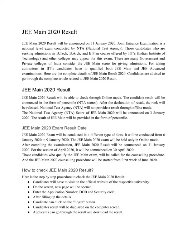 JEE Main 2020 Result Soon