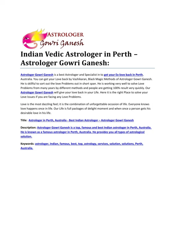 Astrologer in Perth, Australia - Best Indian Astrologer – Astrologer Gowri Ganesh: