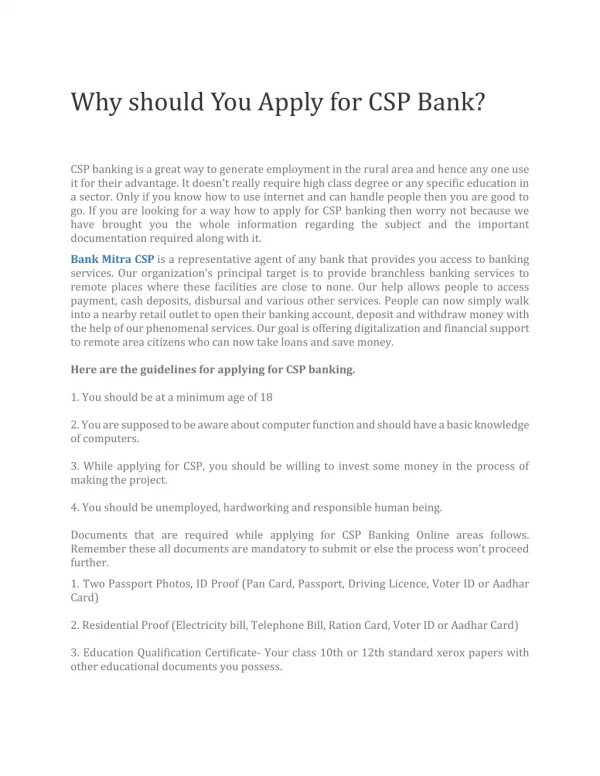 Apply for CSP Bank | Read about Benefits of Becoming CSP