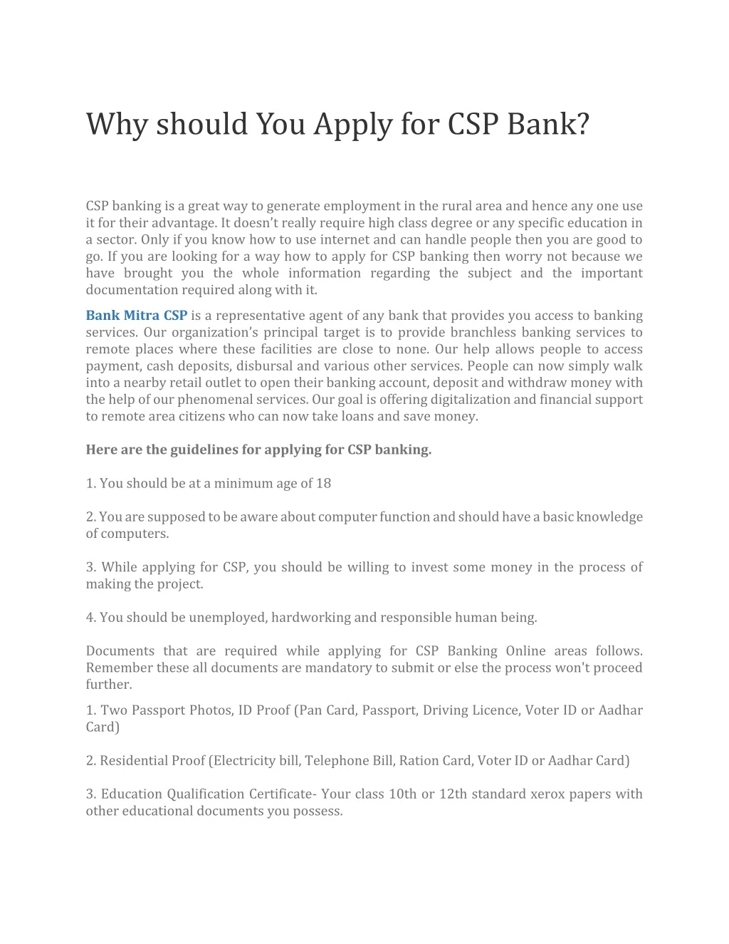why should you apply for csp bank