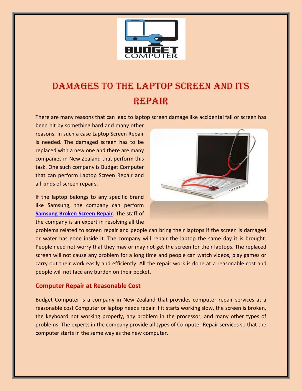 damages to the laptop screen and its repair