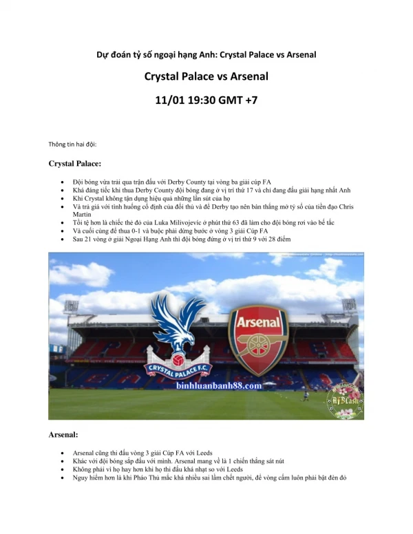 Dự đoán tỷ số ngoại hạng Anh: Crystal Palace vs Arsenal
