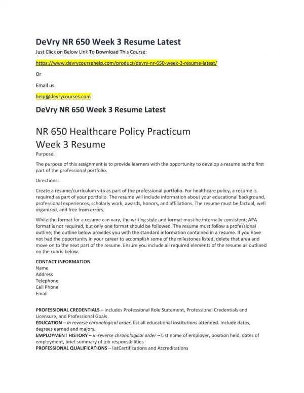 devry nr 650 week 3 resume latest just click