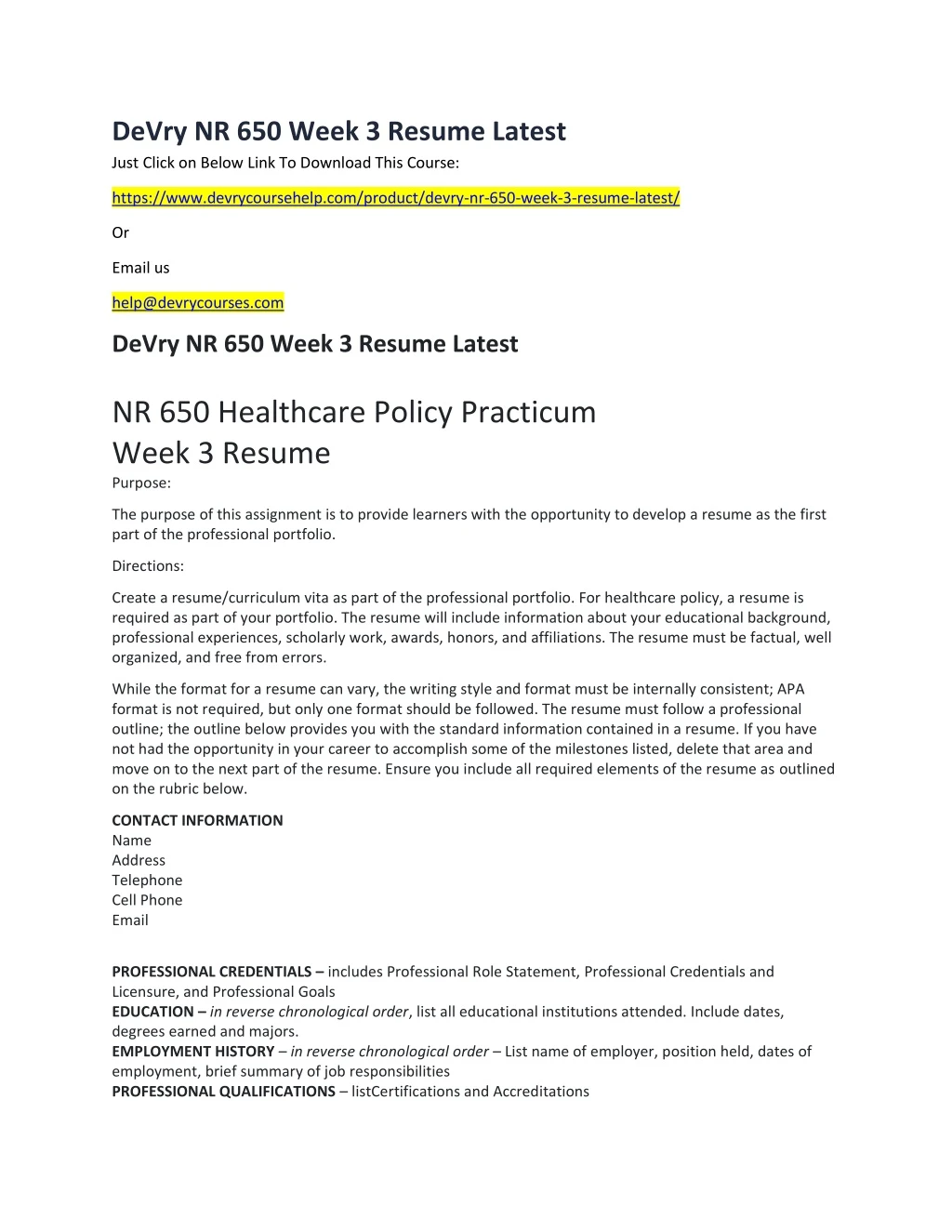 devry nr 650 week 3 resume latest just click